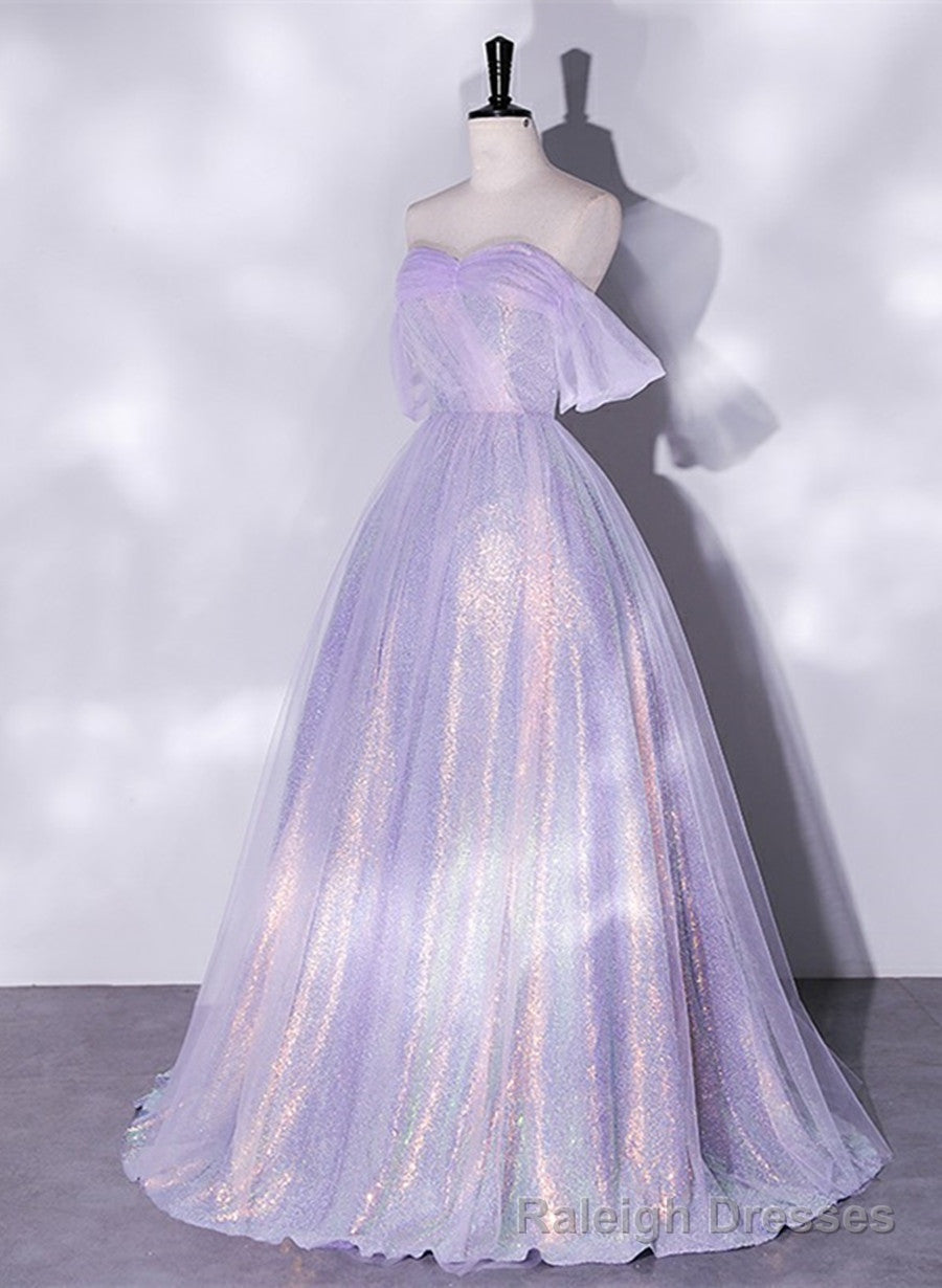 Lavender Tulle and Sequins Long Prom Dress, Off Shoulder A Line Prom Dress