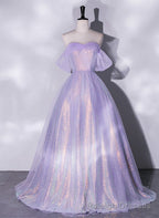 Lavender Tulle and Sequins Long Prom Dress, Off Shoulder A Line Prom Dress