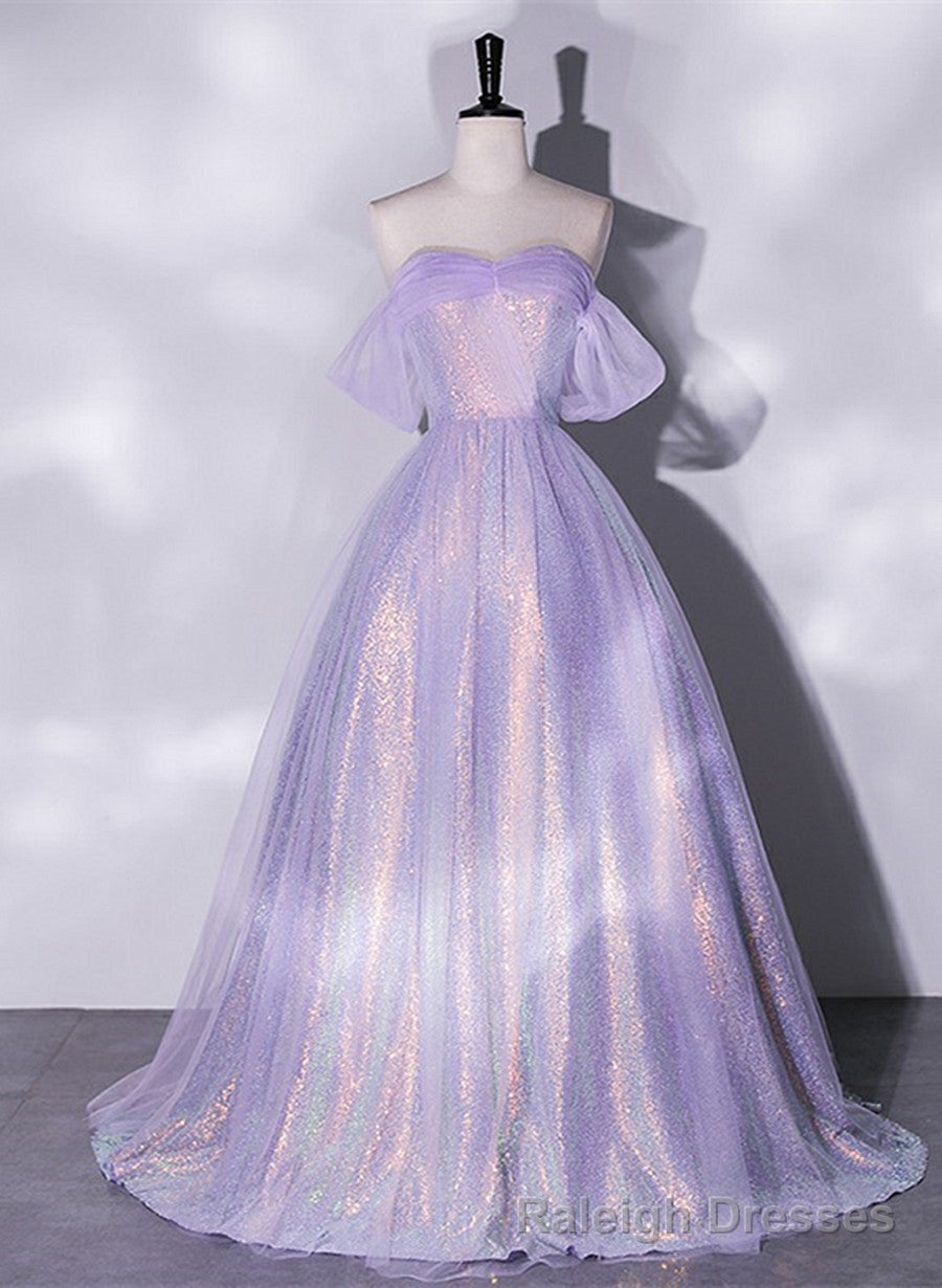 Lavender Tulle and Sequins Long Prom Dress, Off Shoulder A Line Prom Dress