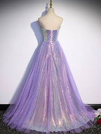 Lavender Tulle and Sequins Sweetheart Long Pary Dress, A Line Prom Dress Formal Dresses
