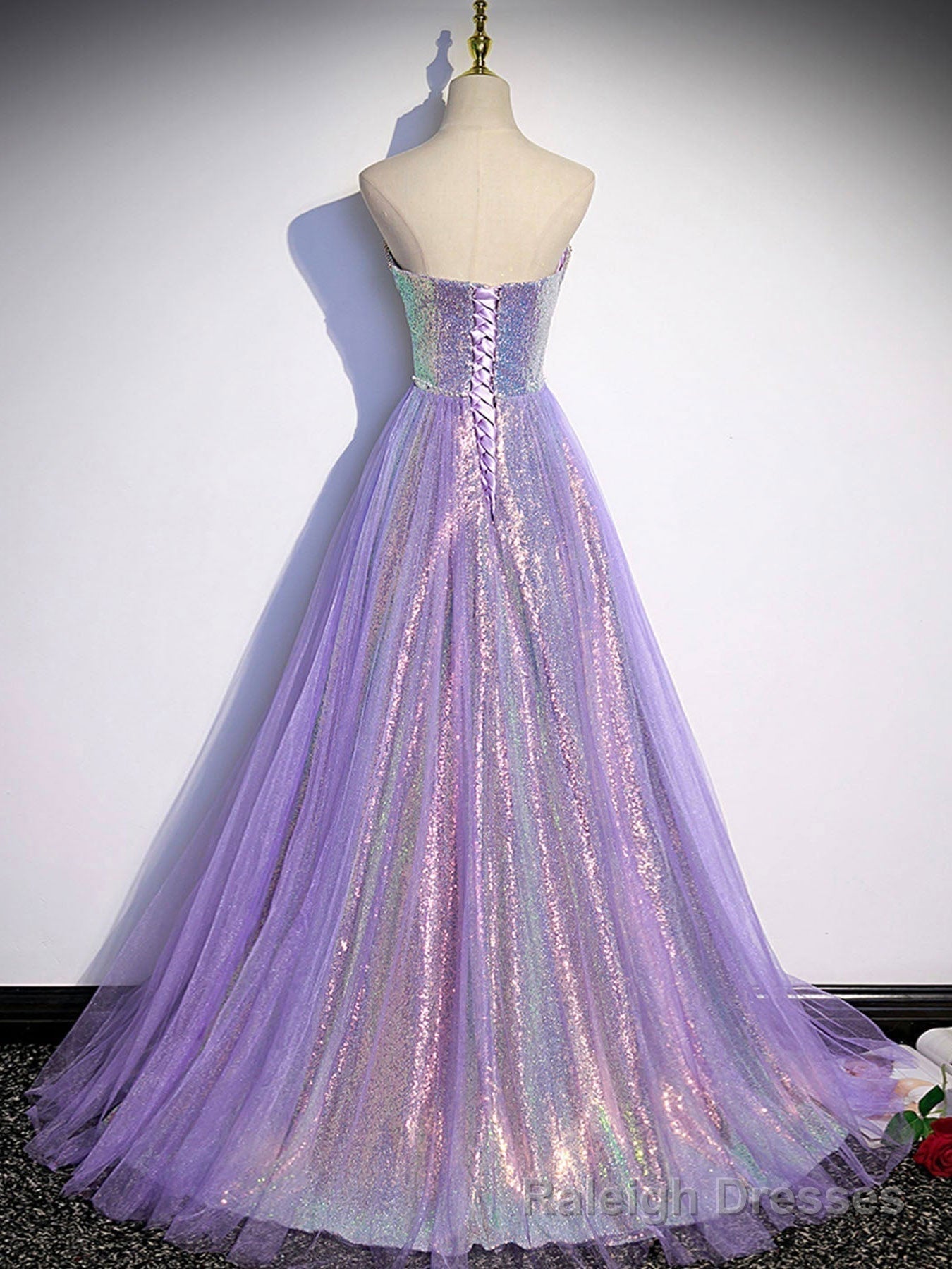 Lavender Tulle and Sequins Sweetheart Long Pary Dress, A Line Prom Dress Formal Dresses