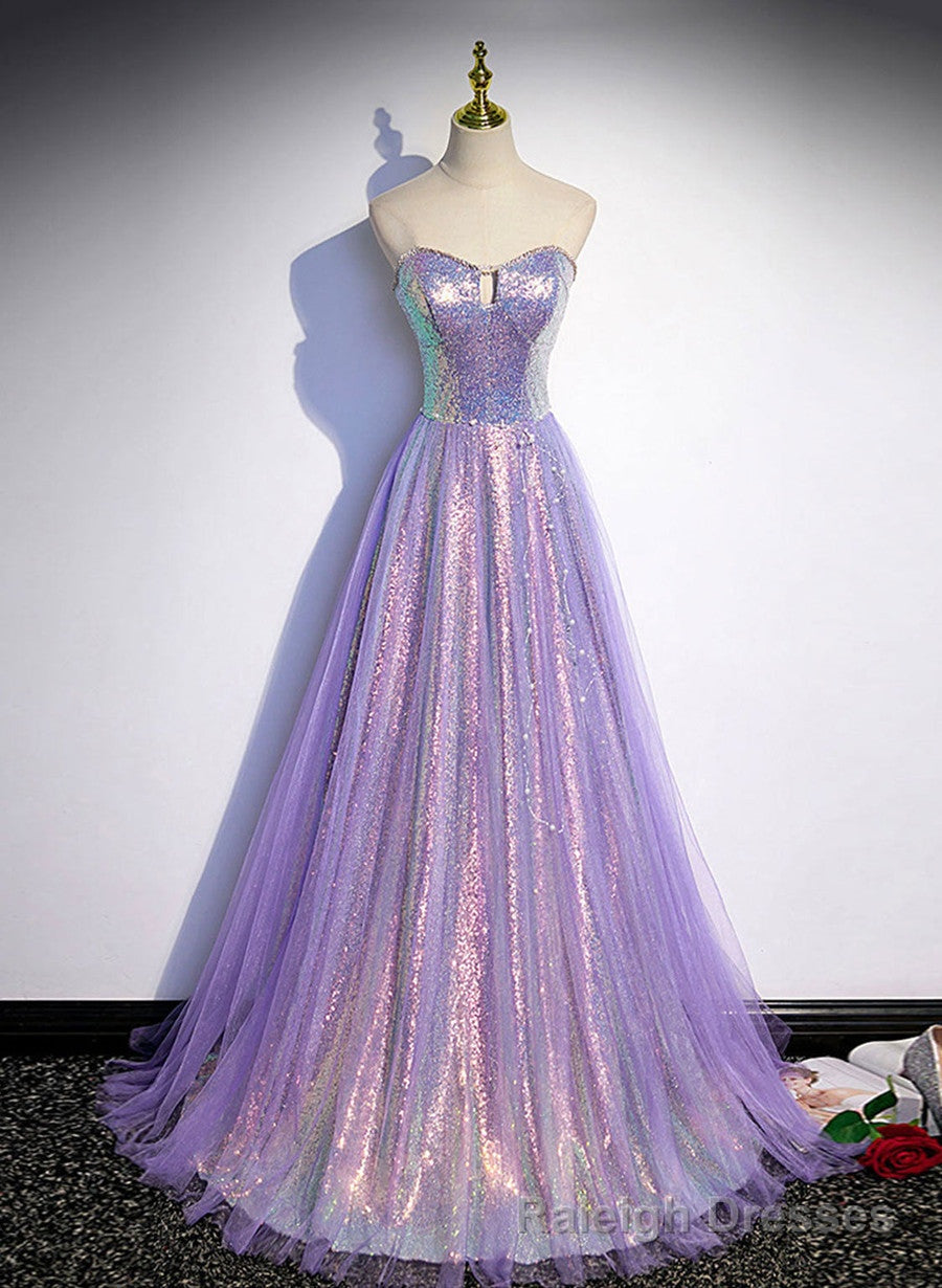 Lavender Tulle and Sequins Sweetheart Long Pary Dress, A-line Prom Dress Formal Dresses Secondary image
