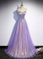 Lavender Tulle and Sequins Sweetheart Long Pary Dress, A-line Prom Dress Formal Dresses