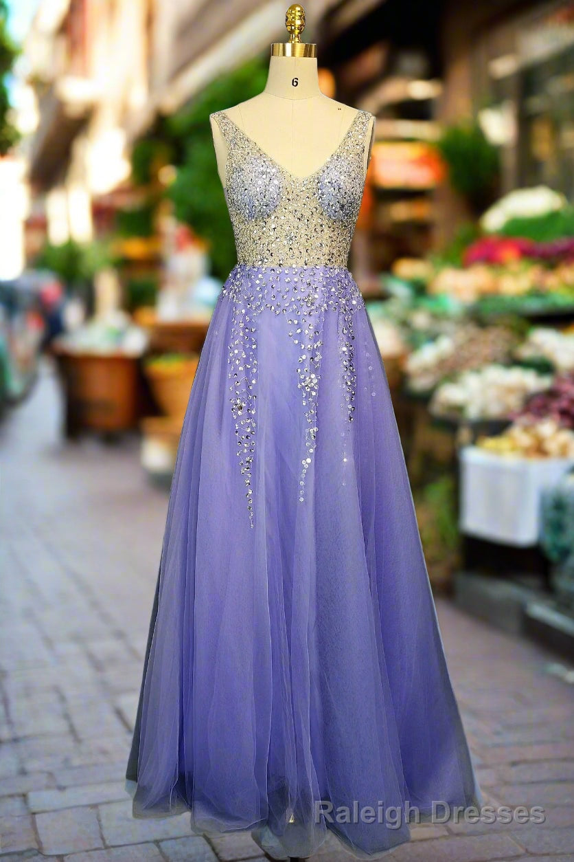 Lavender Tulle Prom Dresses A-line/Princess Long/Floor-Length Sleeveless With Beading Sequins Evening Dresses Main image