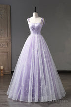 Lavender Tulle Straps Floor Length Prom Dress, Lavender A Line Prom Dress