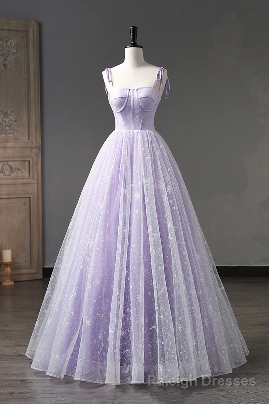 Lavender Tulle Straps Floor Length Prom Dress, Lavender A Line Prom Dress