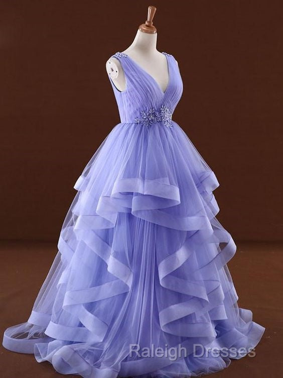 Lavender Tulle V-Neckline Layers Long Sweet 16 Dress, Light Purple Prom Dress Party Dress