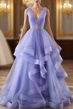 Lavender Tulle V-Neckline Layers Long Sweet 16 Dress, Light Purple Prom Dress Party Dress
