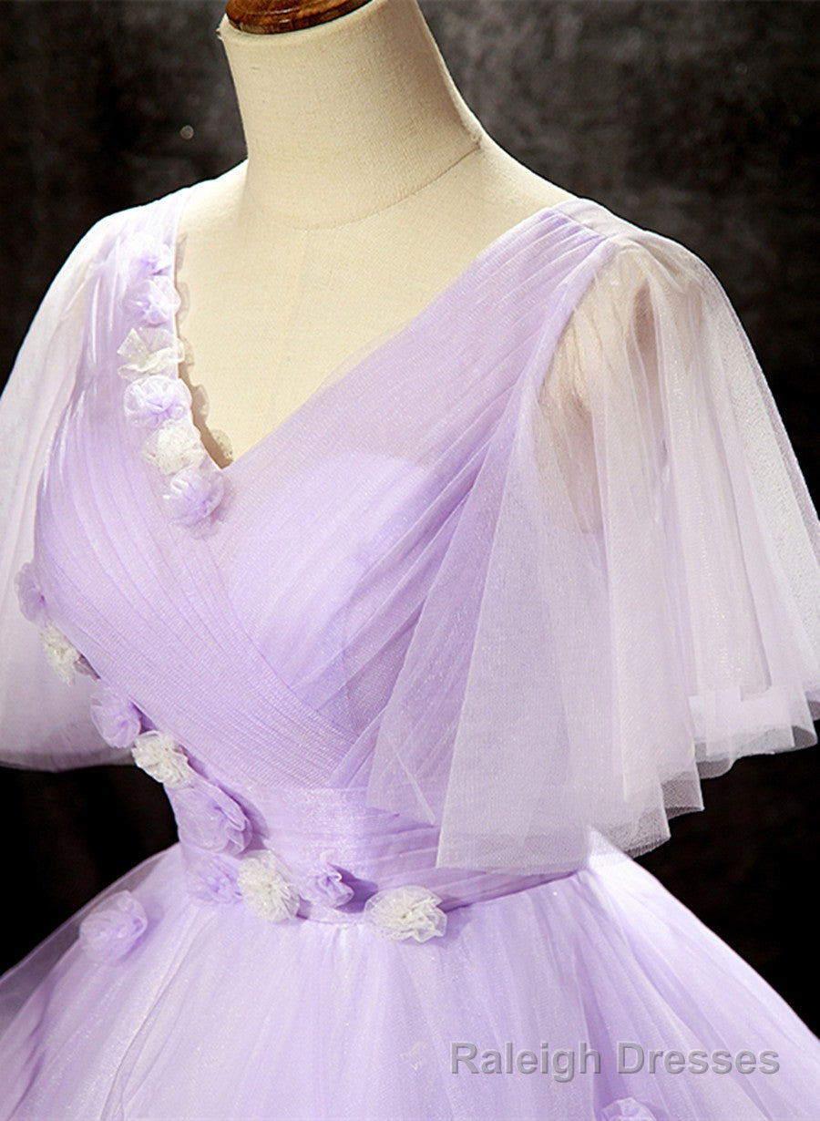Lavender Tulle V Neckline Sweet 16 Dress with Flowers, Lavender Formal Dress Prom Dress