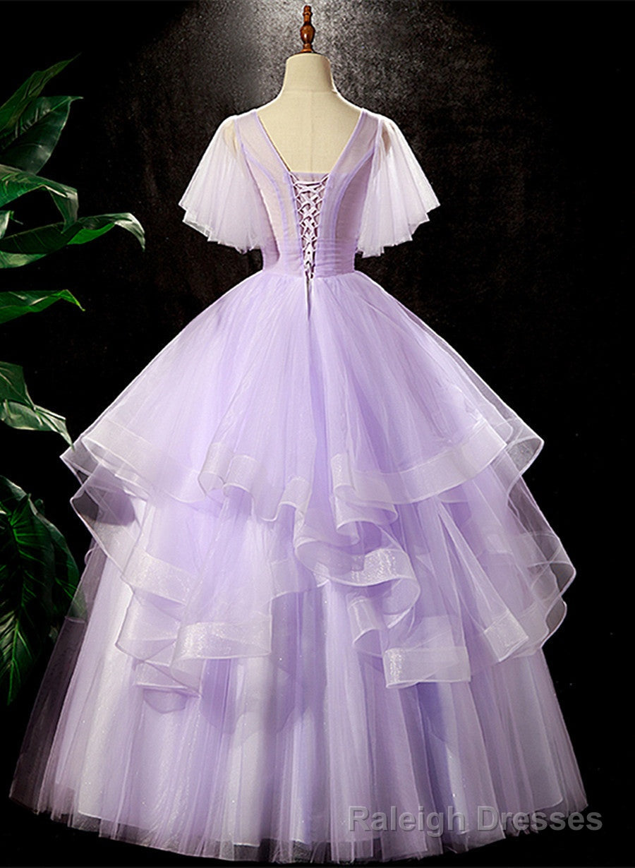 Lavender Tulle V Neckline Sweet 16 Dress with Flowers, Lavender Formal Dress Prom Dress