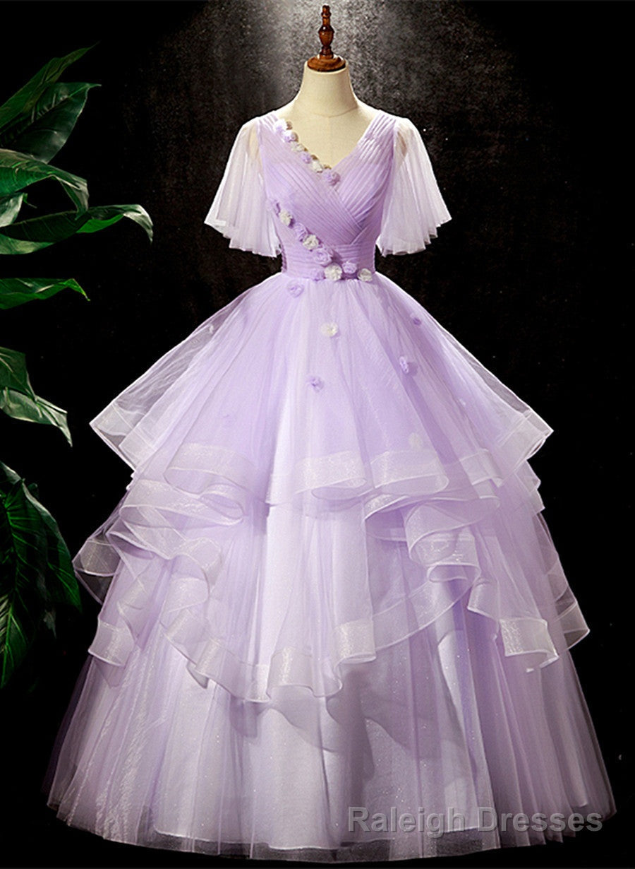 Lavender Tulle V-neckline Sweet 16 Dress with Flowers, Lavender Formal Dress Prom Dress Secondary image