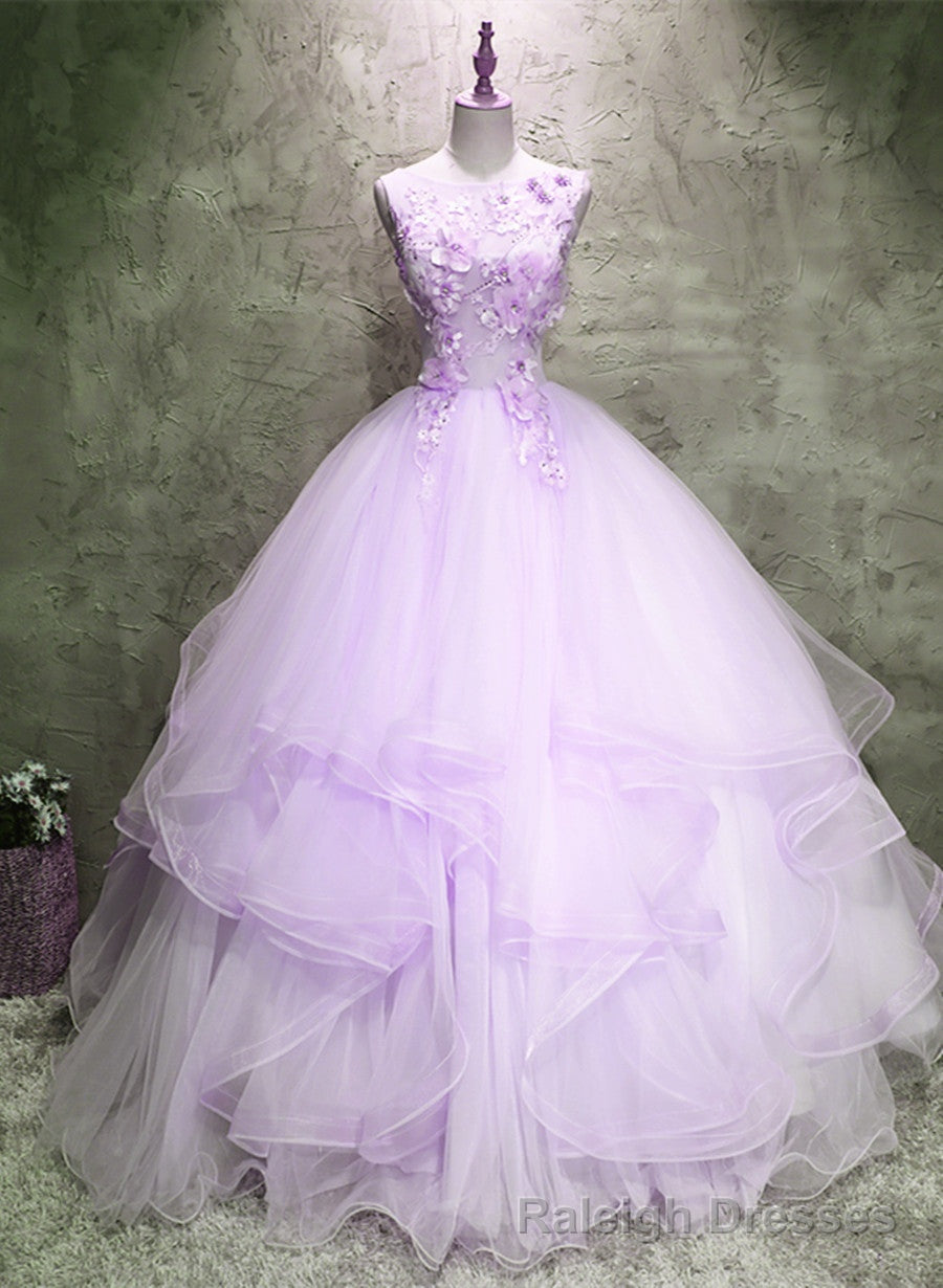 Lavender Tulle with Flowers Ball Gown Sweet 16 Dress, Lavender Long Formal Dress Main image