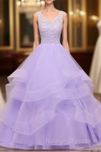 Lavender Tulle With Lace Ruffled Long Formal Gown, Ball Gown Sweet 16 Dress