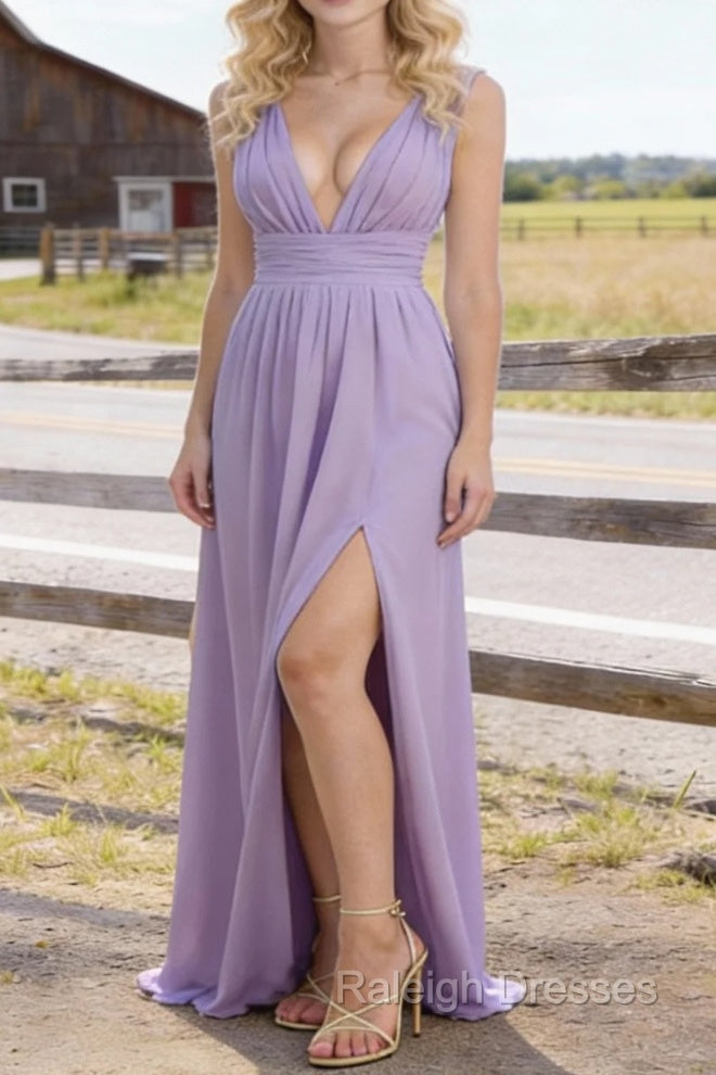 Lavender V Neck Chiffon Floor Length Bridesmaid Dress Long Bridesmaid Dresses With Pleated Split Main image