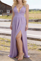 Lavender V Neck Chiffon Floor Length Bridesmaid Dress Long Bridesmaid Dresses With Pleated Split