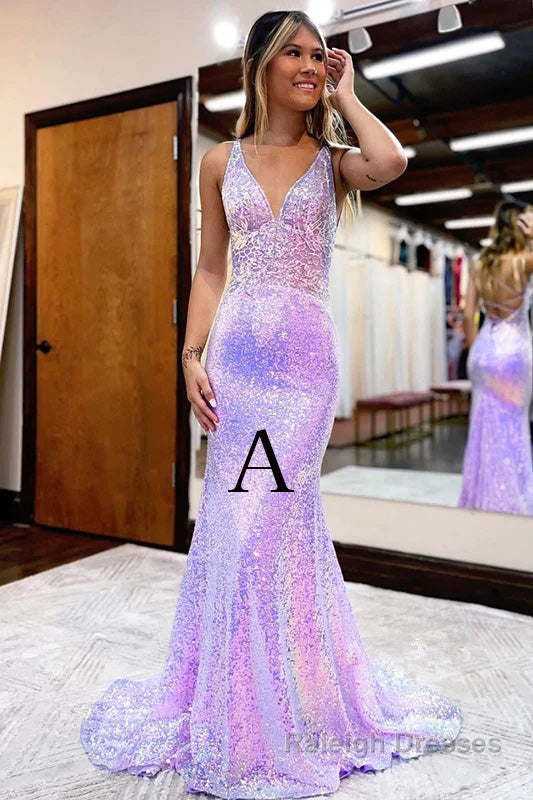 Lavender V Neck Mermaid Prom Dress, Sparkly Sequined Long Prom Gowns