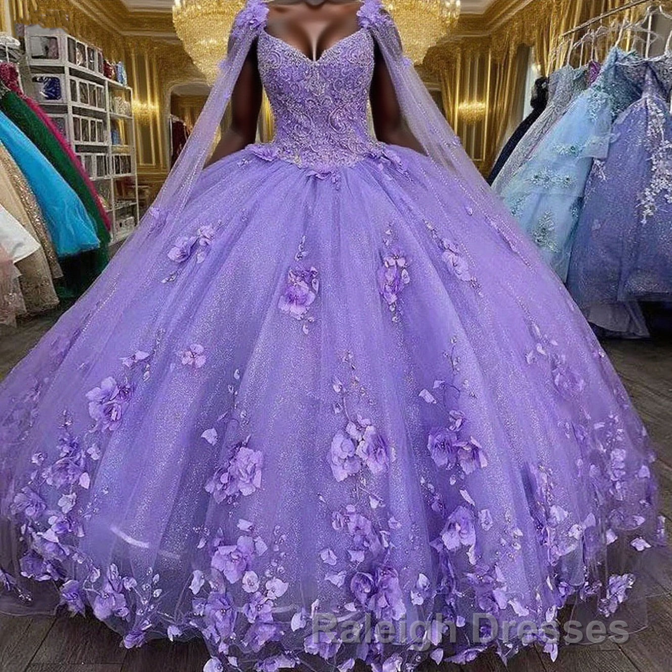 3D Flowers Tulle Sweetheart Ball Gown Quinceanera Dresses Purple With Cape Main image
