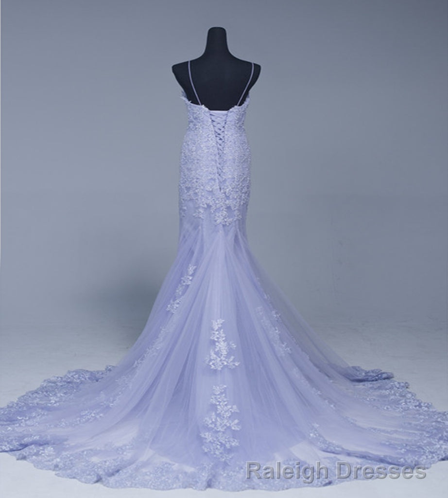 Lavener Tulle with Lace Sheath Spaghetti Straps Evening Dresses, Long Prom Dresses