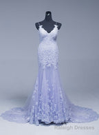 Lavener Tulle with Lace Sheath Spaghetti Straps Prom Dresses, Long Prom Dresses