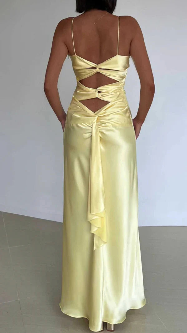 Yellow Fashion Elegant Satin Backless Long Spaghetti Straps Evening Gown Prom Dress Secondary image