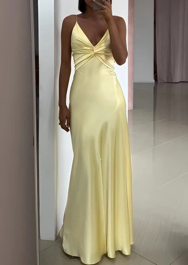 Yellow Fashion Elegant Satin Backless Long Spaghetti Straps Evening Gown Prom Dress