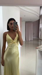 Yellow Fashion Elegant Satin Backless Long Spaghetti Straps Evening Gown Prom Dress