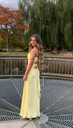 Yellow Fashion Elegant Satin Backless Long Spaghetti Straps Evening Gown Prom Dress