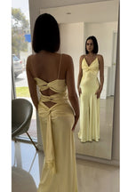 Yellow Fashion Elegant Satin Backless Long Spaghetti Straps Evening Gown Prom Dress