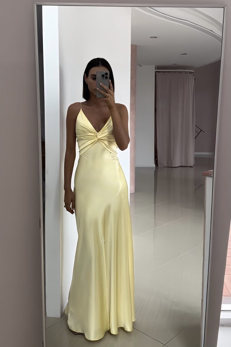 Yellow Fashion Elegant Satin Backless Long Spaghetti Straps Evening Gown Prom Dress