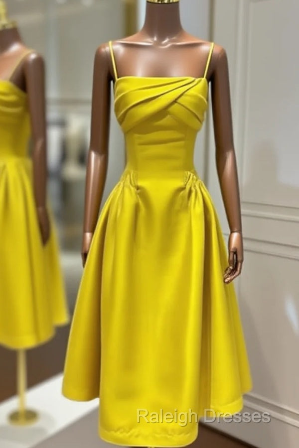 Lemon Yellow Satin Midi Bridesmaid Dresses