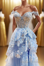 Off the Shoulder Light Blue Appliques Tiered Formal Gown