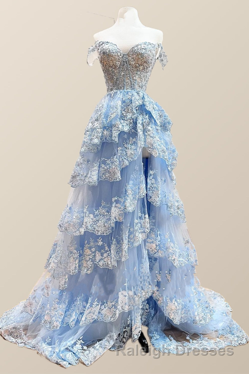 Off the Shoulder Light Blue Appliques Tiered Prom Gown