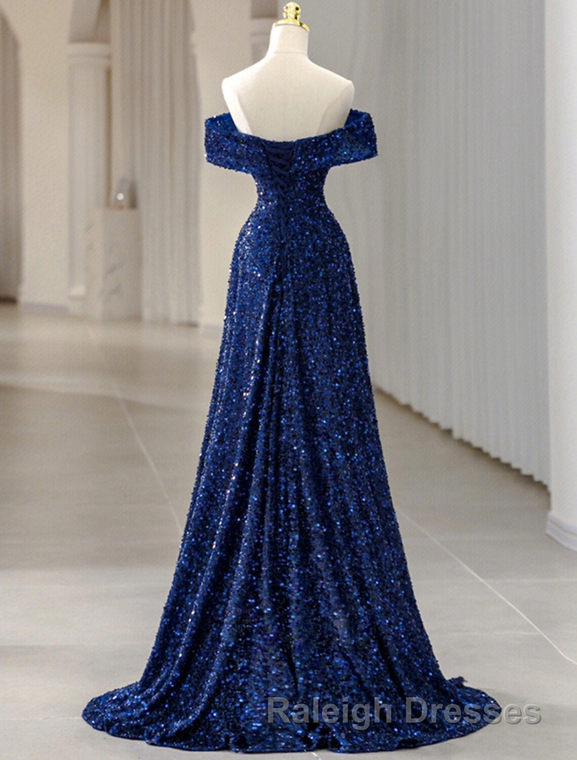 A-Line Evening Gown Elegant Dress Formal Wedding Guest Sweep / Brush Train Sleeveless Off Shoulder Sequined with Glitter Sequin Masquerade Dress Secondary image