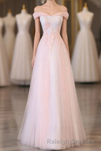 Light Pink Lace Off Shoulder Lonng Prom Dress, Pink Evening Dress