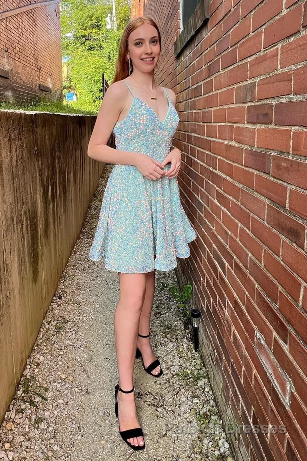 Light Blue A Line Backless Sequins Homecoming Dress