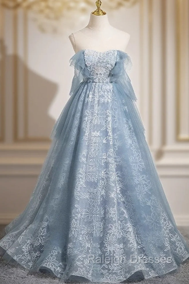 Light Blue A-Line Lace And Tulle Long Party Dress, Blue Round Neckline Prom Dress