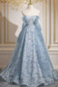 Light Blue A-Line Lace And Tulle Long Party Dress, Blue Round Neckline Prom Dress