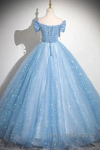 Light Blue A-Line Off Shoulder Tulle Sequins Prom Dresses Long Prom Dresses