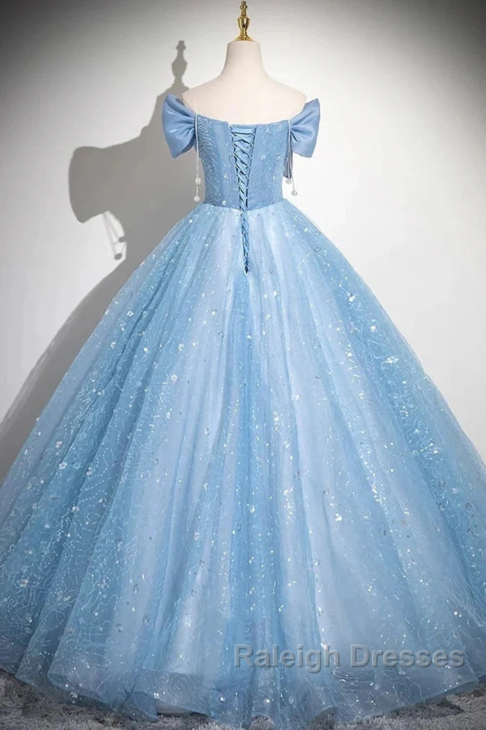 Light Blue A-Line Off Shoulder Tulle Sequins Prom Dresses Long Prom Dresses