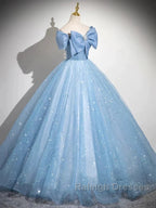 Light Blue A-Line Off Shoulder Tulle Sequins Prom Dresses Long Prom Dresses
