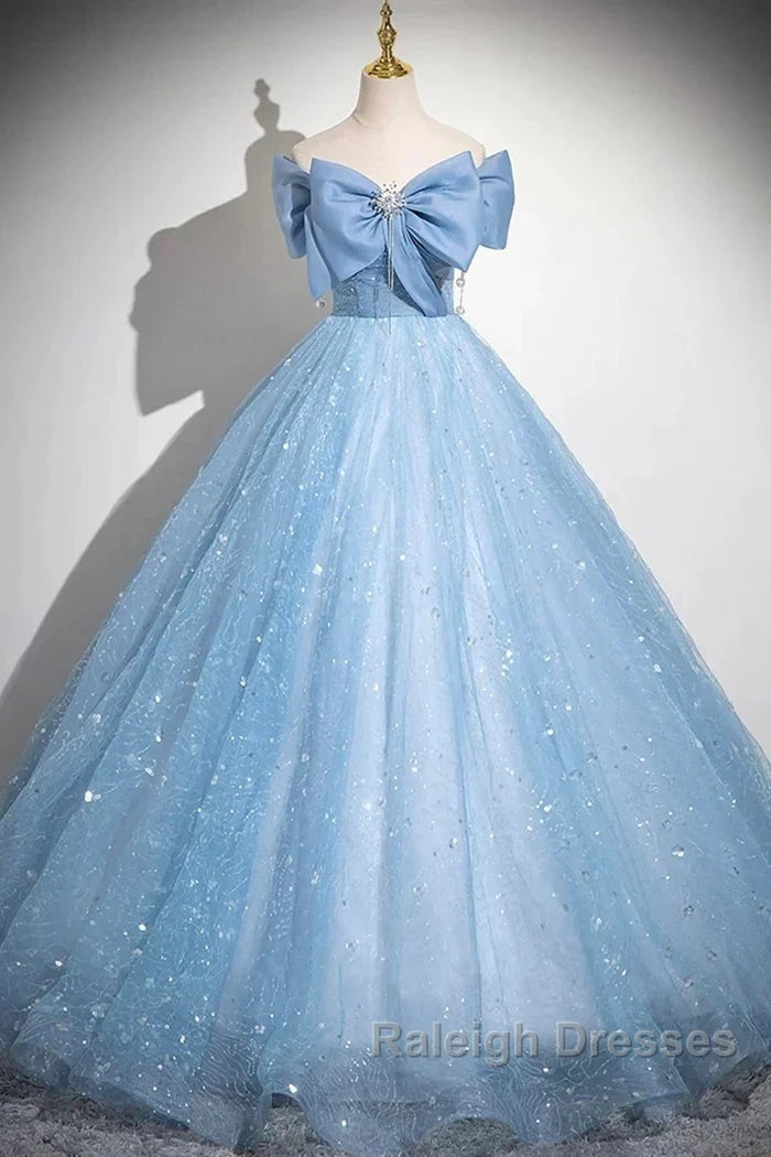 Light Blue A-Line Off Shoulder Tulle Sequins Prom Dresses Long Prom Dresses