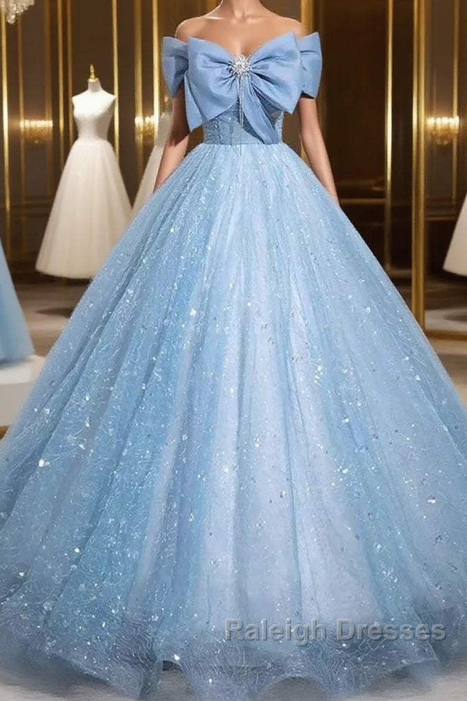 Light Blue A-Line Off Shoulder Tulle Sequins Long Prom Dress Evening Dress Main image