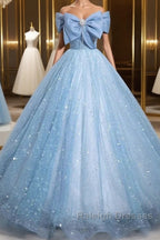 Light Blue A-Line Off Shoulder Tulle Sequins Prom Dresses Long Prom Dresses