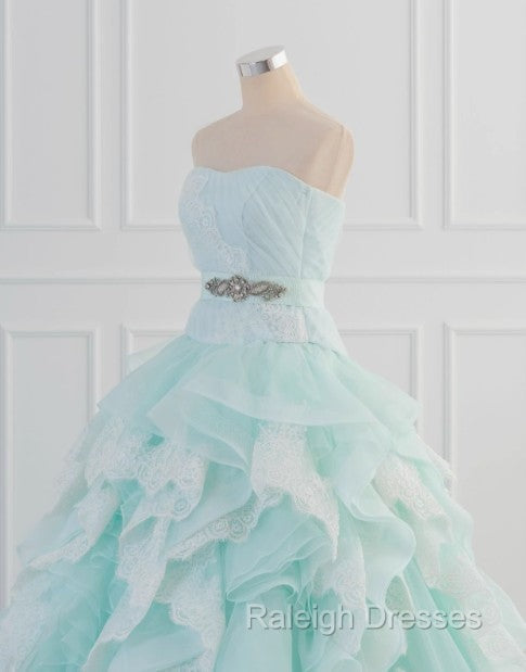Light Blue A-Line Strapless Tulle Lace Long Prom Dress Vintage Wedding Dress