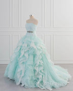 Light Blue A-Line Strapless Tulle Lace Long Prom Dress Vintage Wedding Dress