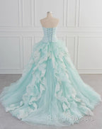 Light Blue A-Line Strapless Tulle Lace Long Prom Dress Vintage Wedding Dress