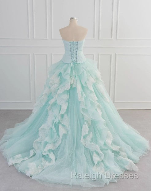 Light Blue A-Line Strapless Tulle Lace Prom Dresses Long Vintage Wedding Dresses