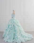 Light Blue A-Line Strapless Tulle Lace Long Prom Dress Vintage Wedding Dress