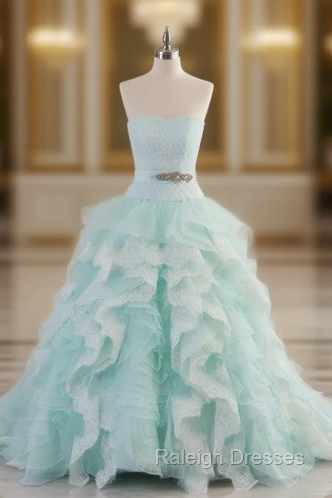 Light Blue A-Line Strapless Tulle Lace Prom Dresses Long Vintage Wedding Dresses