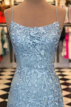 Light Blue Appliques Spaghetti Straps Lace-Up Mermaid Prom Dresses